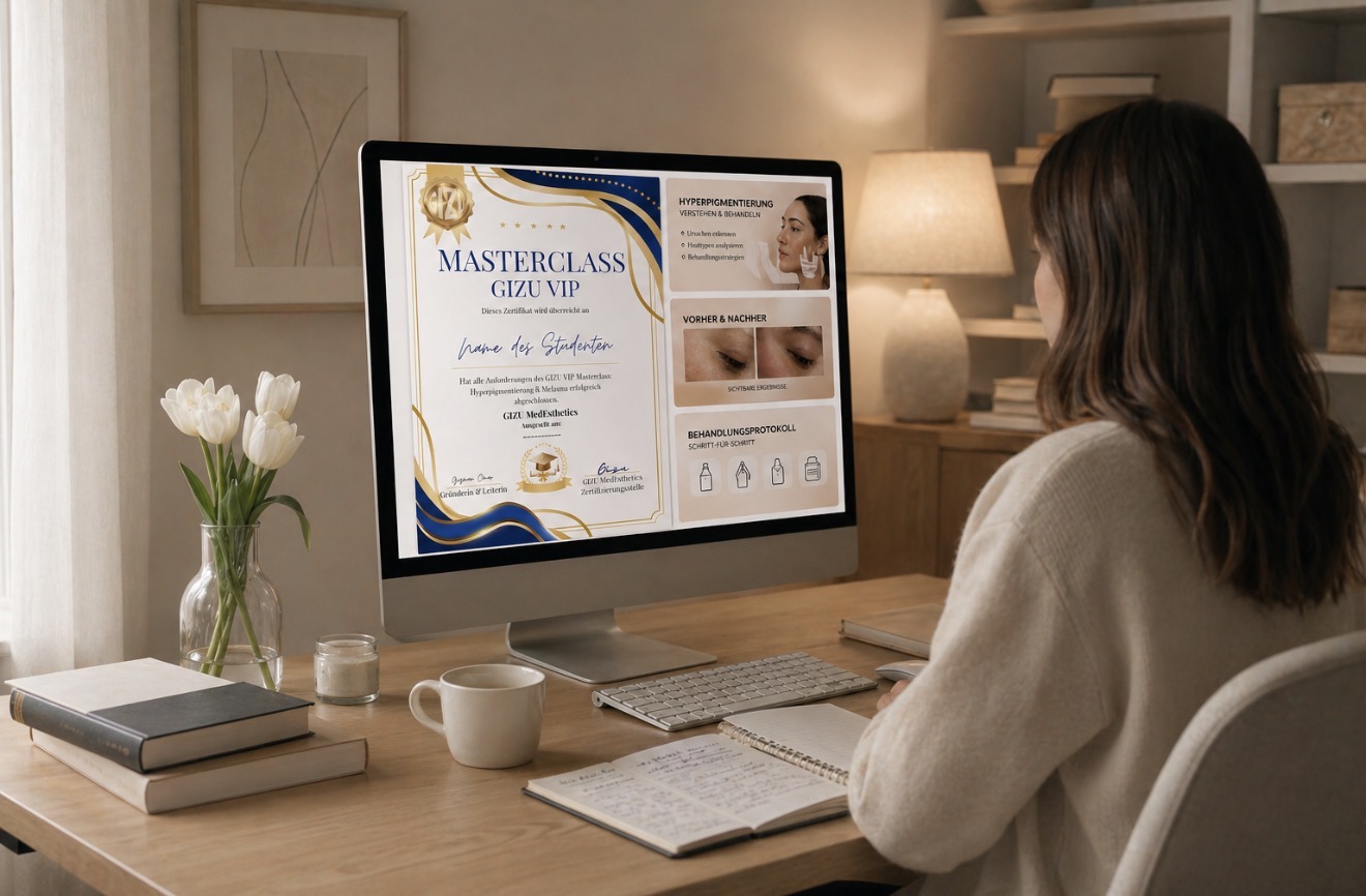 Student studying the GIZU MedEsthetics academy on a laptop